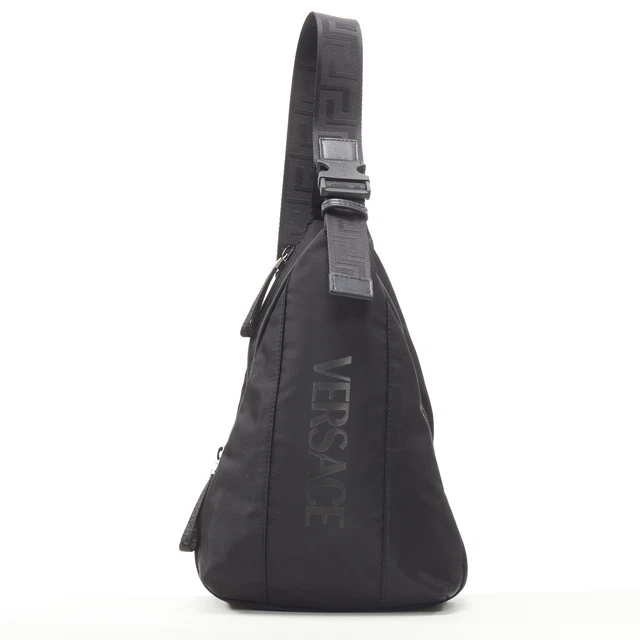 new VERSACE La Greca Vintage 90s Logo black nylon small sling backpack bag new VERSACE La Greca Vintage 90s Logo black nylon small sling backpack bag