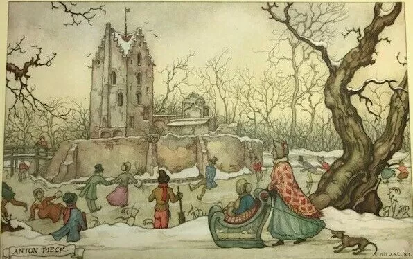 Anton Pieck "Sleighride" Lithograph Decoupage Vintage