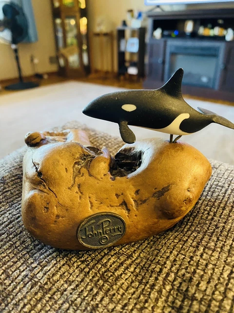 John Perry Orca Killer Whale Art Sculpture on Burl Wood Base  5” Long X 3” Tall