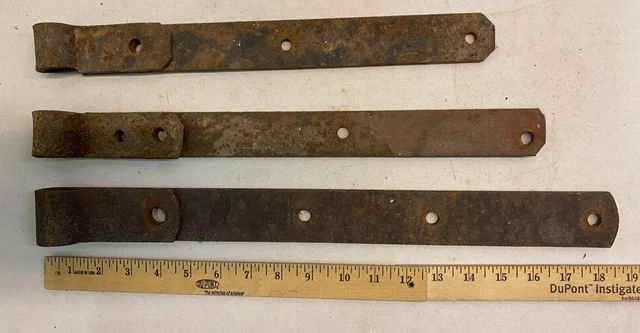 3 Vintage 14 - 18'' Farm Barn Door Gate Hand Forged Strap Hinges Nice Patina Set