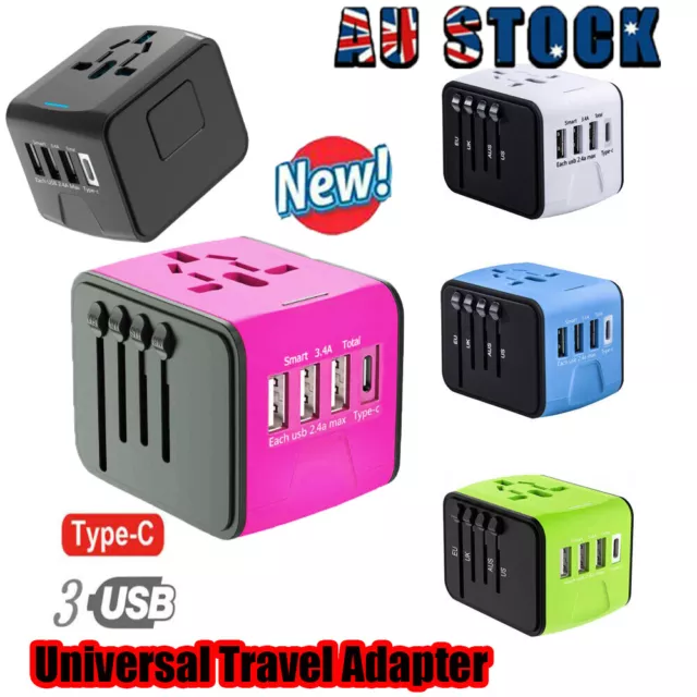 International Universal Travel Adapter With 3 USB+ Type C AC Power Charger AU