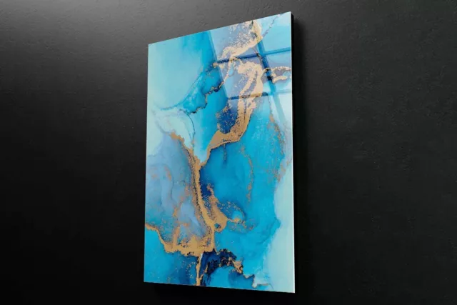 Blue Gold Abstract Tempered Glass Printing Wall Art Australian Made Quality