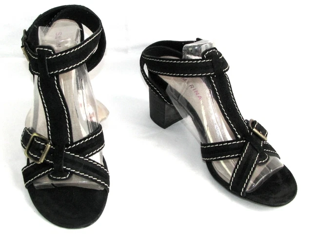 Sandales San Marina En Cuir Noir - Taille 38 - Talon Bas - Boucle Dorée - Très Bon État