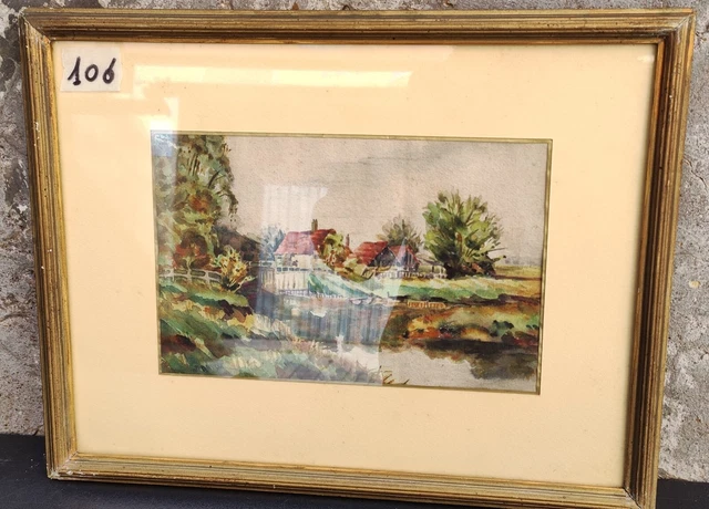 Acquerello Quadro Paesaggio Rurale Fiume Ponte Firmato 1926 Dipinto Originale