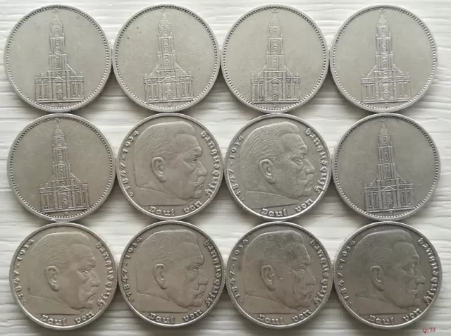 12x 5 Reichsmark 1934, 1935, 1936, 1938 - Silber Münze Drittes Reich  =