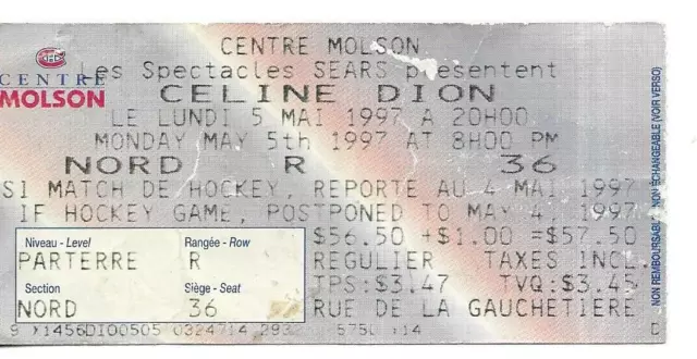 Rare / Ticket Billet De Concert - Celine Dion : Live A Montreal ( Canada ) 1997