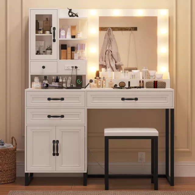 Vanity Desk with Lighted Mirror &Bench, Glass Top Makeup Vanity Set with Drawers