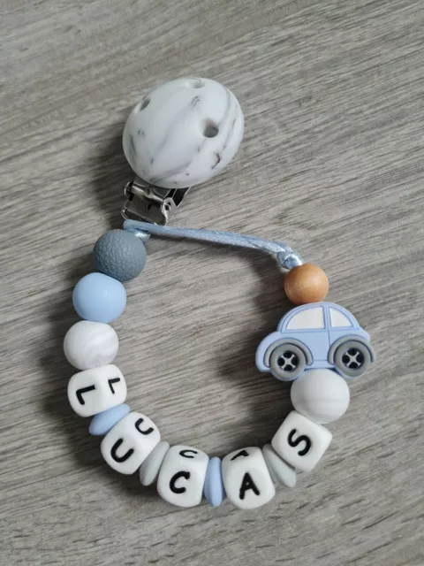 Personalised Blue Car SILICONE  Dummy Clip/ Holder Baby Boy Soother Chain Strap
