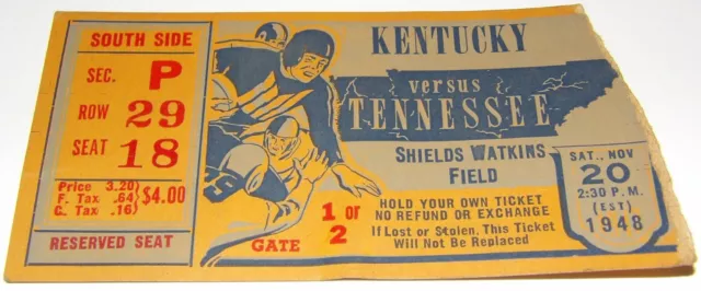 1948 Tennessee UT Vols Volunteers VS Kentucky Wildcats Football Ticket Stub