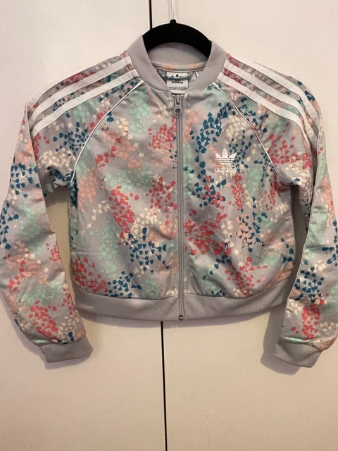 Girls adidas jacket Tracksuit top age 9-10 grey pink floral summer autumn