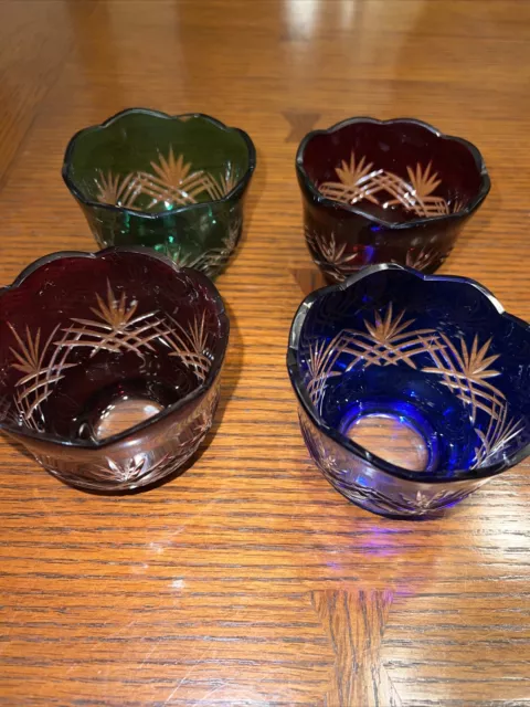 Vtg Bohemian Colored  Crystal Cut-to-Clear Cut  Scalloped Edge Votive  Set Of 4