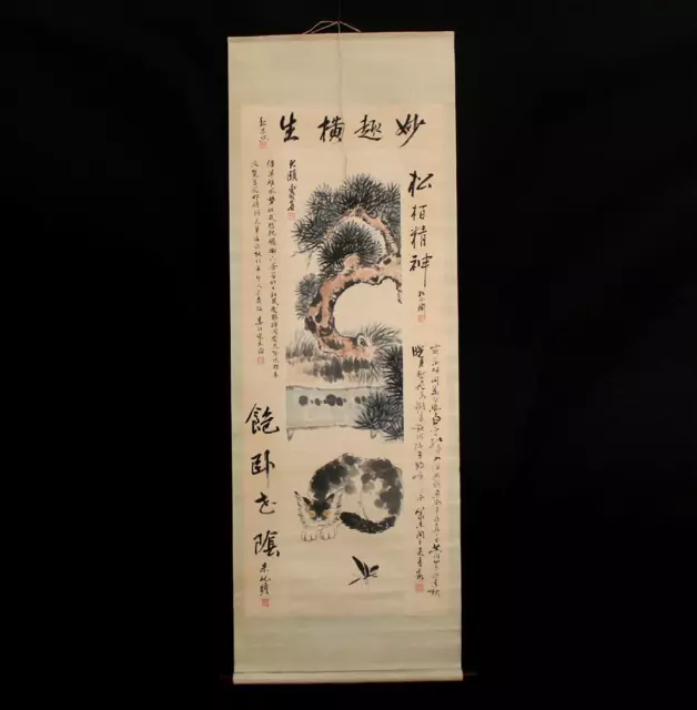 Pan Tianshou Signed Fine Old Chinese Hand Painted Scroll w/cat