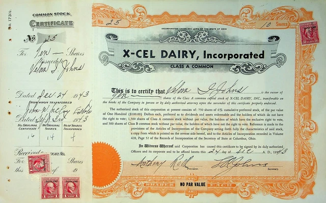 X-Cel Dairy Company Stock Certificate Bond Scripophilly Akron Ohio 1943 No 25 Y