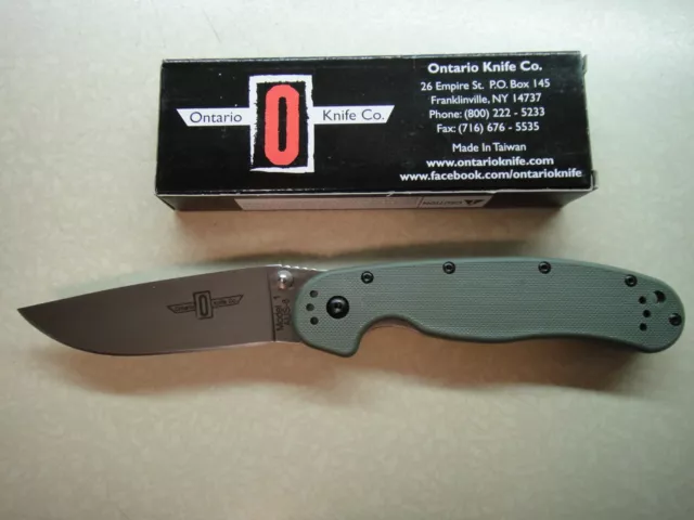 NIB Ontario RAT Model 1 Liner Lock Knife (3.5" Silver AUS-8) OD Nylon O8848ODBP