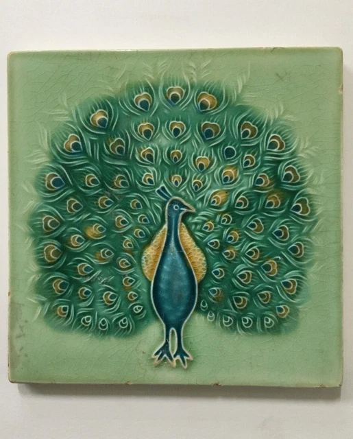 Vintage Majolica Tile DANCING PEACOCK 6in x 6in Japan (9841)
