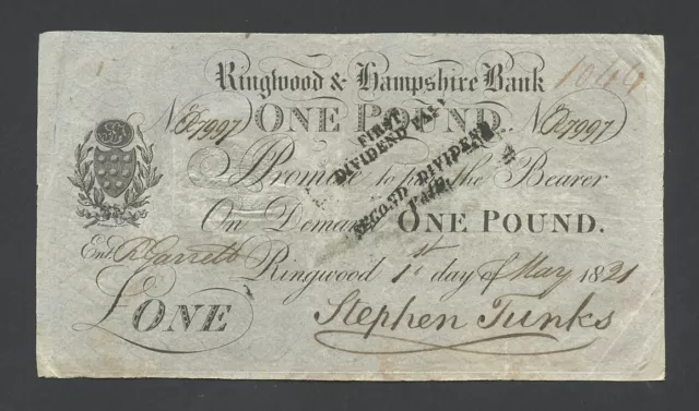 ENGLAND  Ringwood & Hampshire Bank  £1 note 1821 Provincial Banknotes