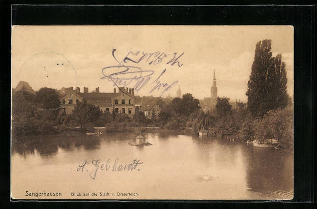 AK Sangerhausen, Blick auf die Stadt vom Dreierteich 1911