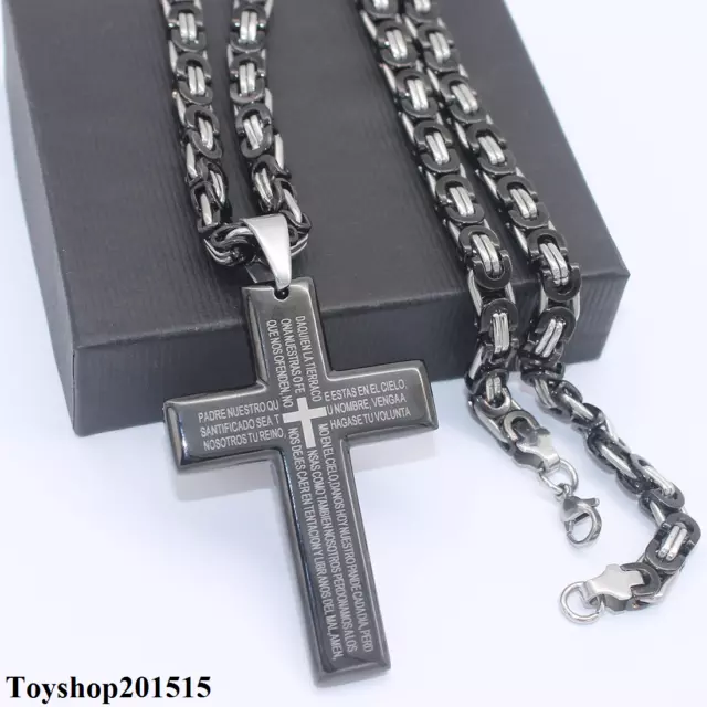 18-36" Men Stainless Steel Black Cross Pendant 6mm Byzantine Box Necklace Chain