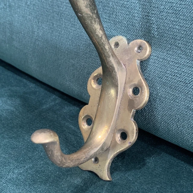 Antique LARGE Coat Hook Victorian Solid Cast Brass Vintage Original Reclaimed 3