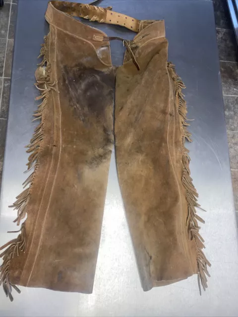 Vtg Handmade  Cowboy Western Rodeo Horse Riding Bull hide Leather Fringed Chaps