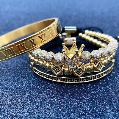 Luxury Gold Roman Royal Crown Bracelet Set Women Men Hip Hop Bangle Jewelry Gift