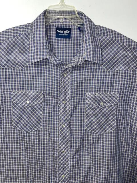 3XL Wrangler Blue/White Checkered Short Sleeve Pearl Snap Button Shirt