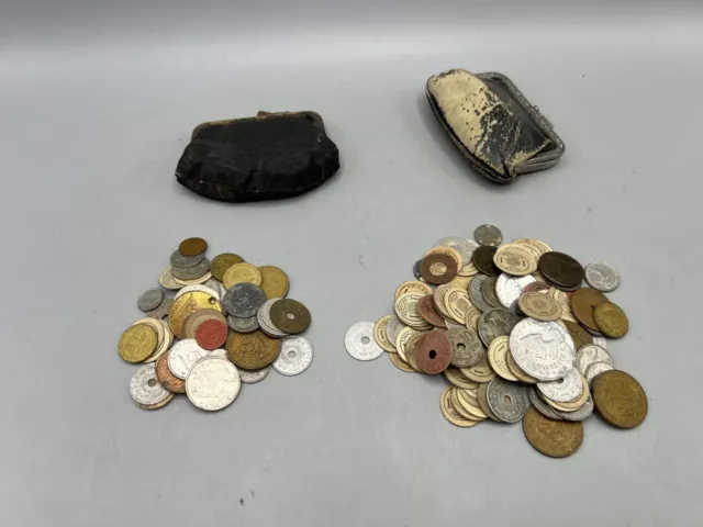Mixed Lot Coin Collection - 2 Small Piles of Mixed Coins Tokens with Coin Purses