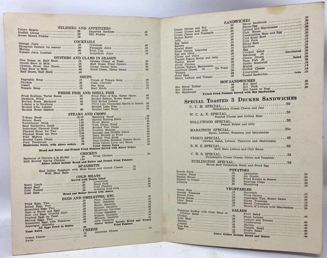 VINTAGE 1930S HI Hat Restaurant Sea Grill Menu Church Street Burlington