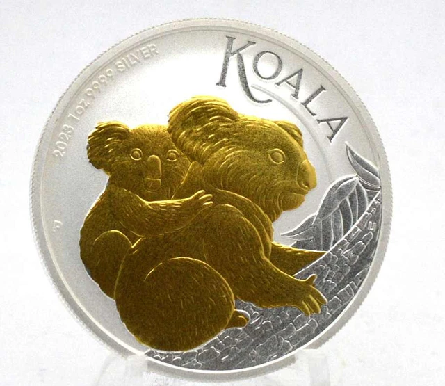1 OZ SILVER Koala 2023 with Gold Applic Gilded in Capsule Storage
