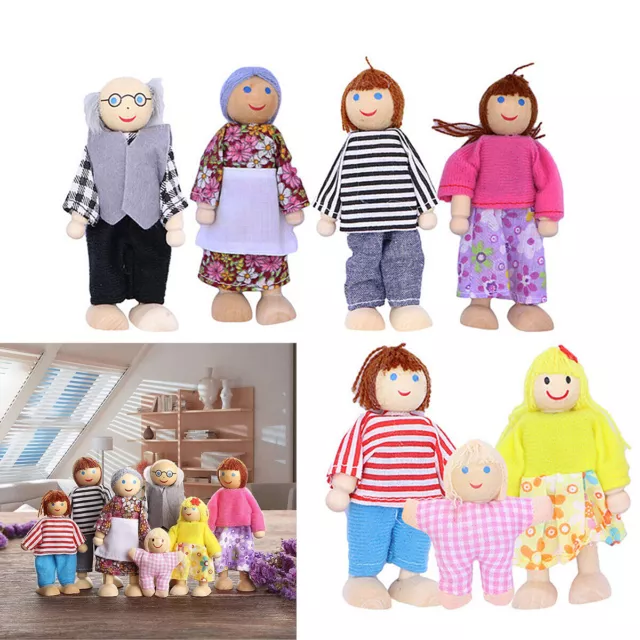 Kids Girls Lovely Happy Family Dolls Playset Wooden Figures Set of 7 People Gift