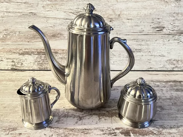 Oneida Japan Tea Pot Set 18/8 Stainless Steel Teapot Creamer Sugar Bowl