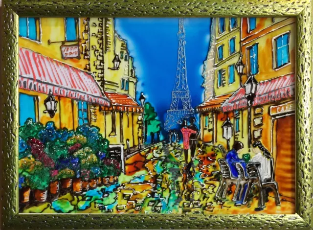 Paris Stained glass panel French glass painting ORIGINAL HANDMADE Eiffel Tower