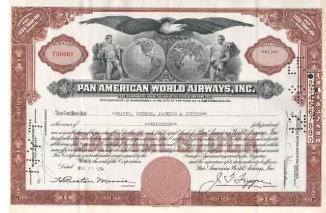 Pan American World Airways, Inc. - Original Stock Certificate -1954 - F06001