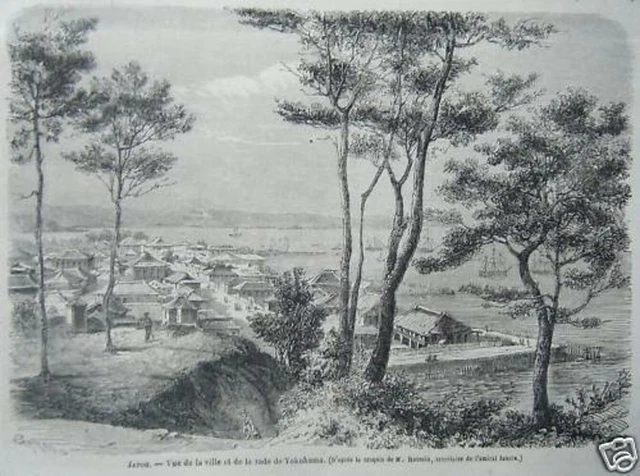 GRAVURE SUR BOIS 19ème VILLE ET RADE DE YOKOHAMA JAPON