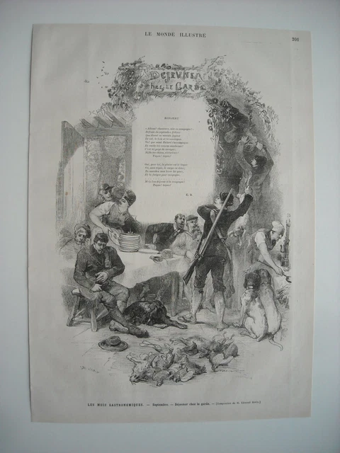 Gravure 1877. Les Mois Gastronomiques. Septembre. Dejeuner Chez Le Garde. Morin.