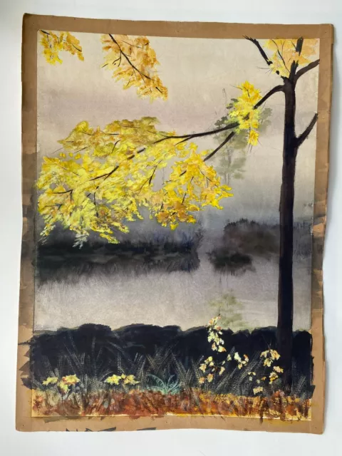 Vintage Watercolor Painting YELLOW AUTUMN LEAVES OVER RIVER BANK