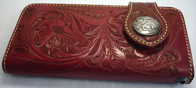 Red Indian Chief  Western Tooled Genuine Leather Mens Long Wallet Biker Cowboy