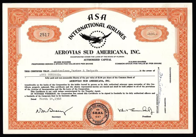 1968 Florida: ASA International Airlines - Aerovias Sud Americana, Inc.