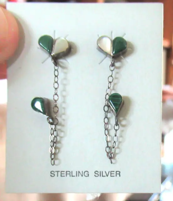 STERLING SILVER Double Piercing EARRINGS - Hearts w/Chain - Appear Unused