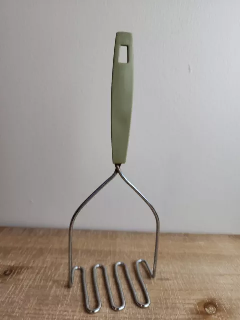 Vintage Hand Potato Masher Stainless Steel with Green Plastic Handle