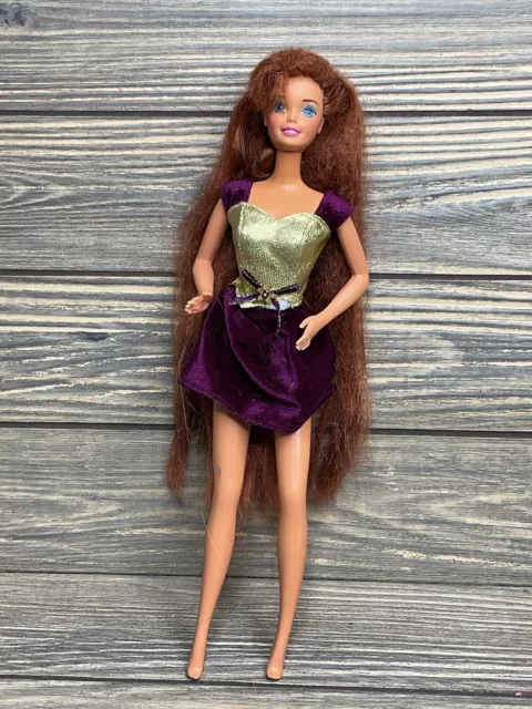 Vintage Mattel Barbie Doll 1966 Long Red Brown Hair Purple Gold Velvet Dress 12”