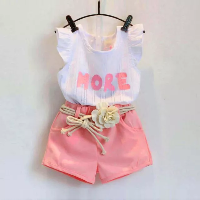Toddler Kids Baby Girls Print Sleeveless T-Shirt+Shorts+Belt Outfits Clothes Set