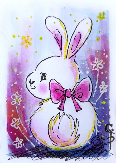 ACEO Easter Rabbit Painting Hare Original artwork Watercolor art Flower bunny