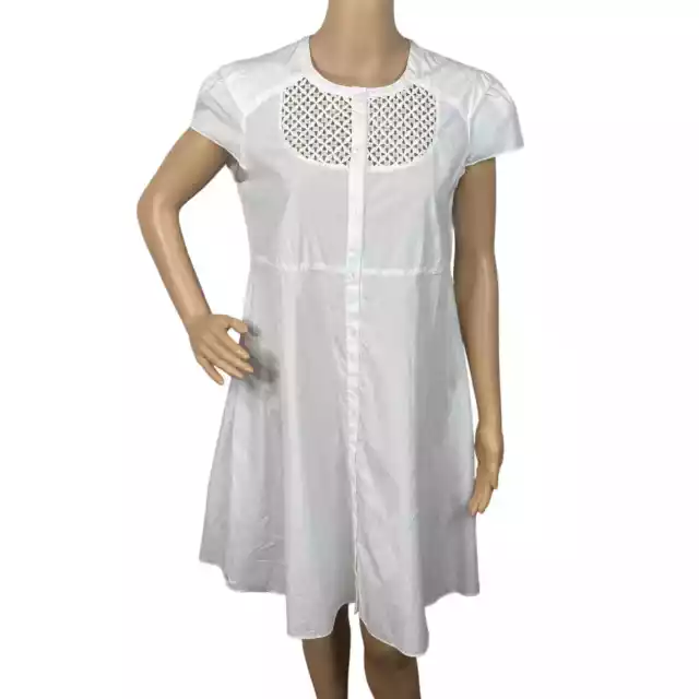 Mademoiselle Tara Jarmon SZ 10 White Poplin Crochet Bib Shirt Dress