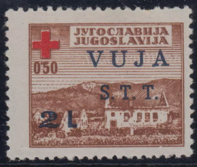 TRIESTE ZONE B 1948 RED CROSS 2L ON YUGOSLAVIA 50p BROWN & RED MLH, SG 83a