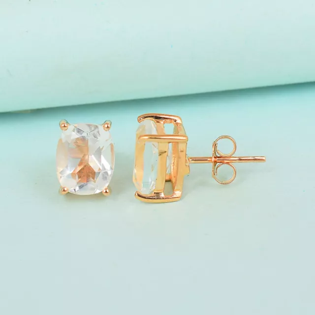 Natural White Topaz 8x10MM Cushion Shape Rose Gold Plated Earrings For Women's