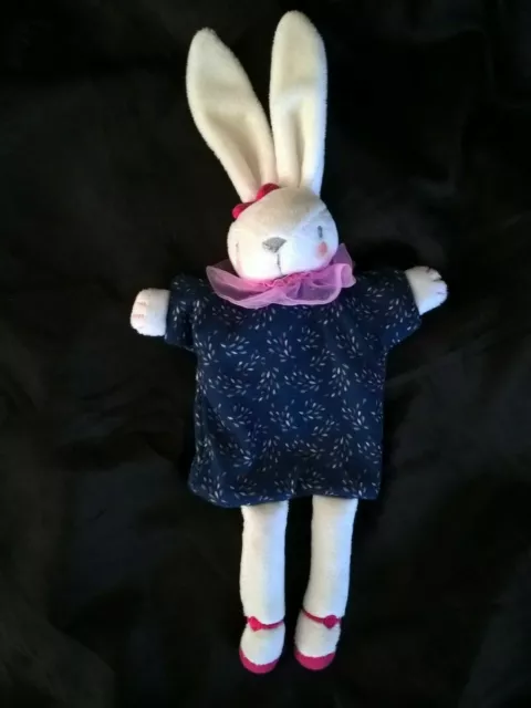 doudou marionnette lapin blanc bleu rose fleur sergent major super état