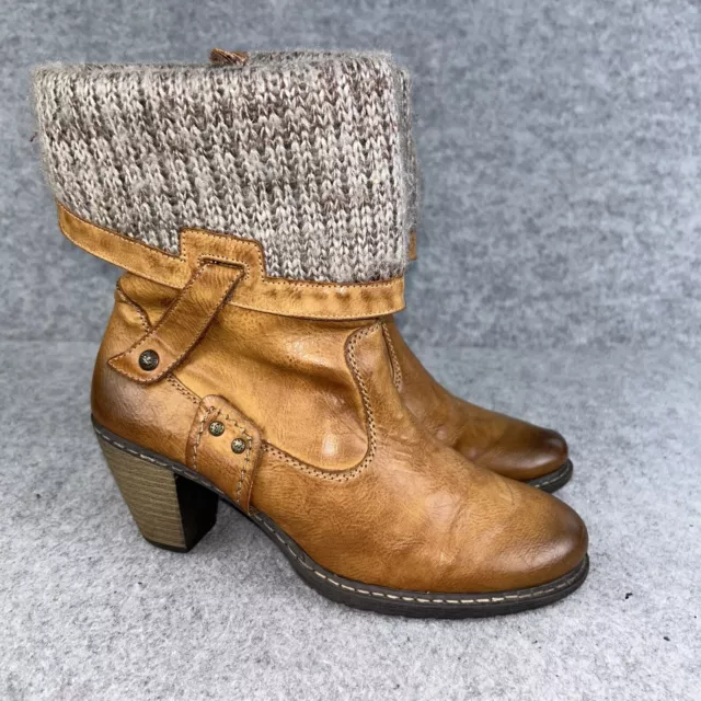 Rieker Leather Boots Womens UK 6 EU 39 Brown Mid Calf Faux Fur Lined Block Heel