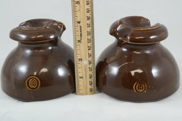 2 Vintage Dark Brown Glaze Ceramic Insulator “B” Ohio Brass Porcelain 10