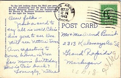 The Mall University Of Michigan Ann Arbor Michigan MI c1943 Postcard 2